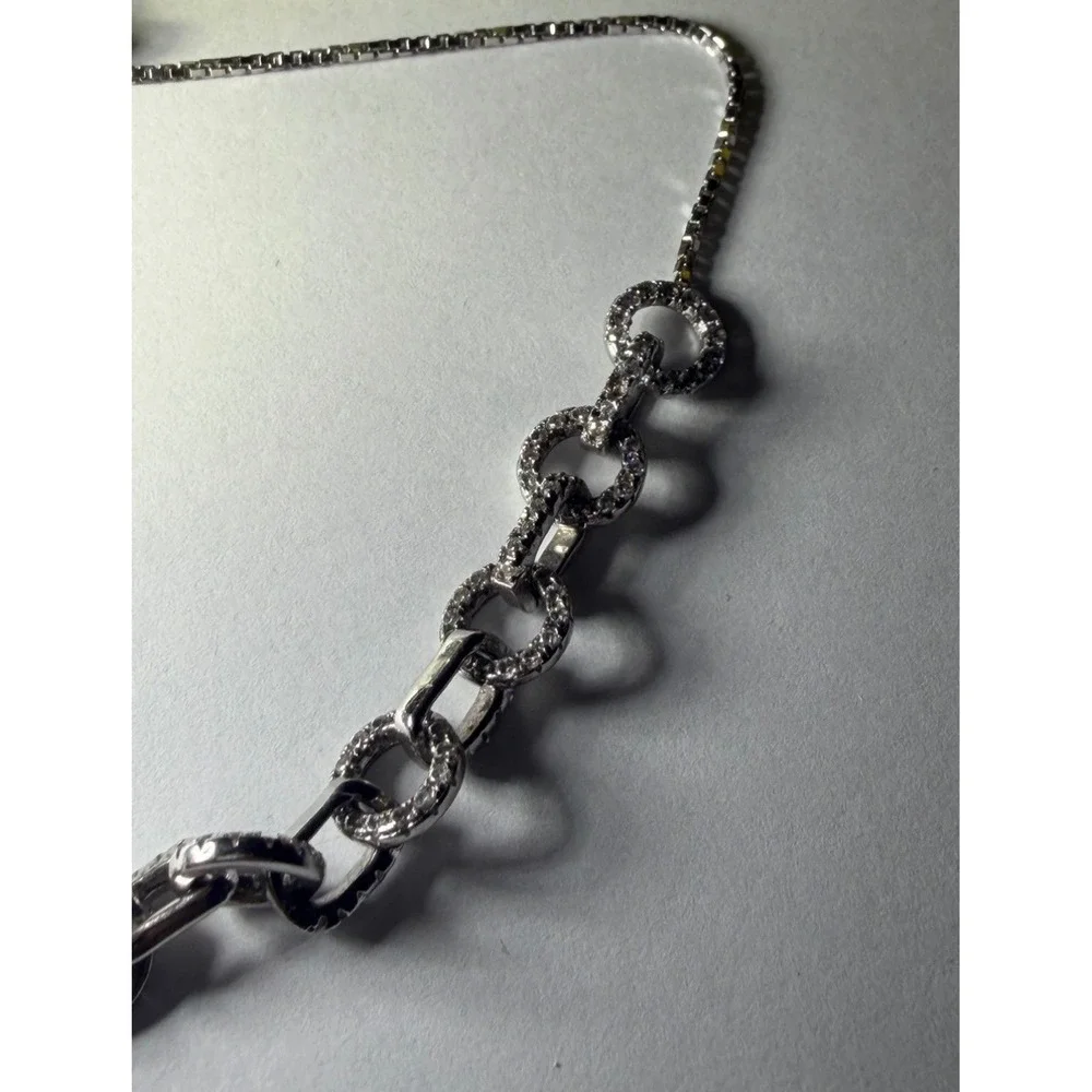Sterling Silver 925 Adjustable Bolo Bracelet Pave Cubic Zirconia Link Chain